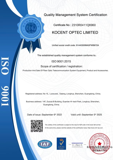 Chine KOCENT OPTEC LIMITED certifications