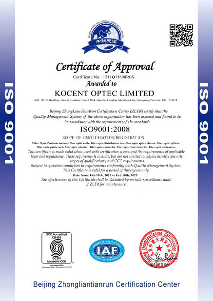 Chine KOCENT OPTEC LIMITED certifications